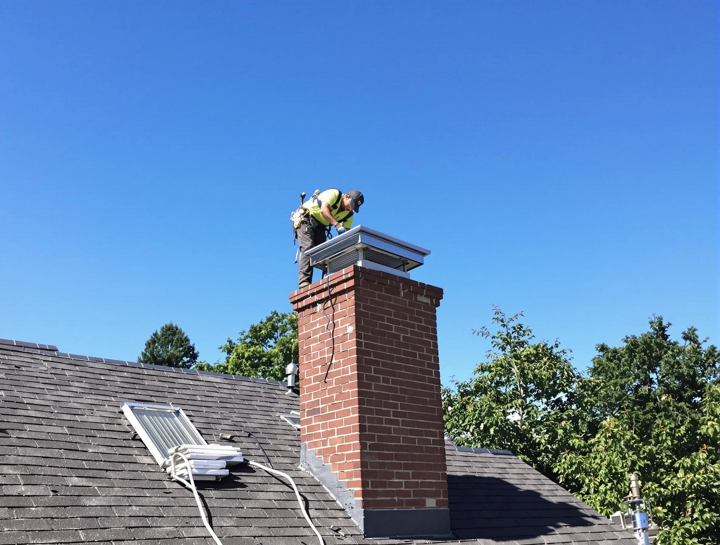 Paterson Chimney Sweep technician measuring a chimney cap in Paterson, NJ